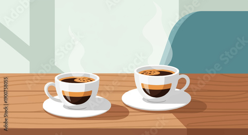 Two steaming cups of espresso on a wooden table against a minimalist background