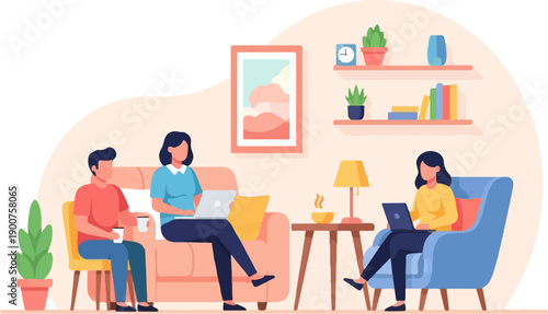 Three people relax in a cozy living room setting, using laptops and enjoying drinks