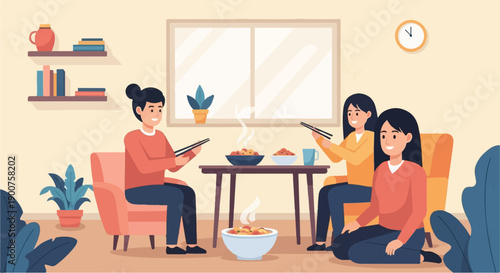 Three people sharing a meal at a table in a cozy living room setting