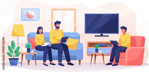 Three people sit in a living room, two on a sofa and one in an armchair, with a TV and plants
