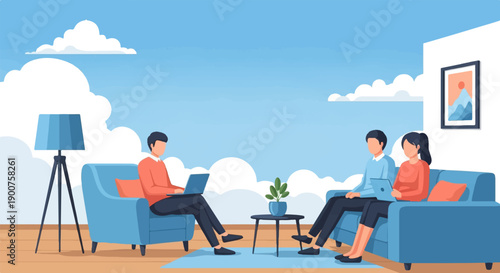 Three people sit in a living room on blue couches, each using a laptop