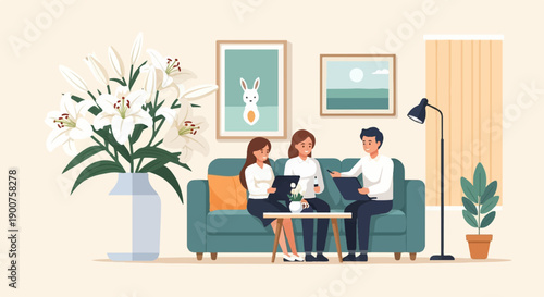 Three people sit on a sofa in a living room with flowers and artwork