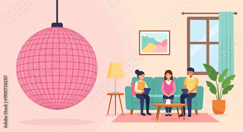 Three people sit on a sofa in a room with a disco ball
