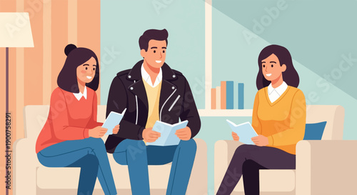 Three people sit on couches, engrossed in reading books in a cozy room