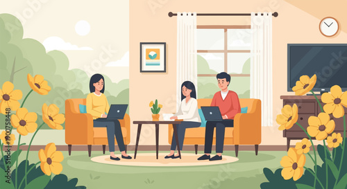 Three people using laptops in a cozy living room with flowers outside