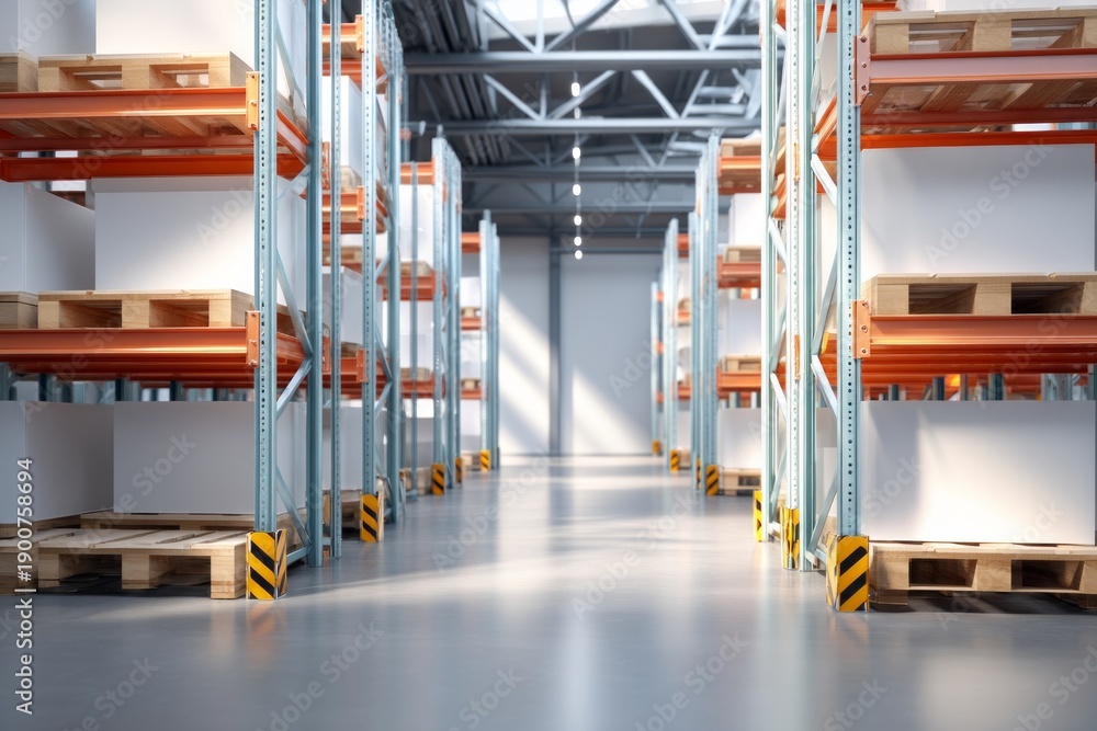 Naklejka premium Clean Symmetrical Warehouse Interior with Empty Shelves