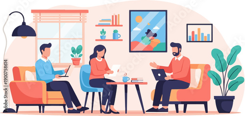 Three people work collaboratively in a modern, comfortable living room setting