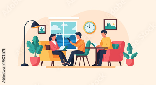 Three people work on laptops in a cozy living room with plants and art