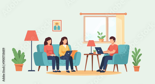 Three people work on laptops in a cozy living room with plants