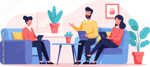 Three people work on laptops in a cozy, modern living room