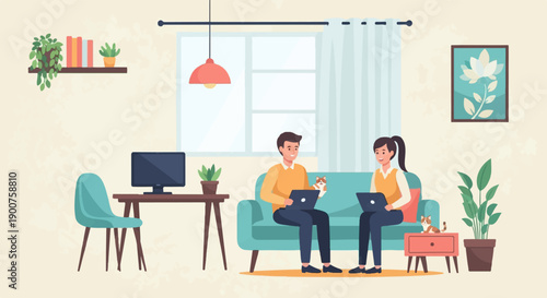 Two people working on laptops on a sofa with pets and plants indoors