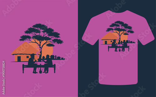 A vibrant pink design featuring a silhouetted scene of people dining outdoors replicated on a t shirt