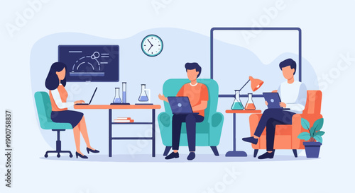 Three people working on laptops in a bright, modern office with lab equipment