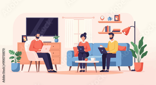 Three people working on laptops in a cozy living room (5)