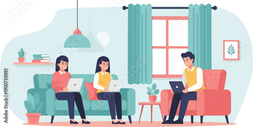 Three people working on laptops in a cozy living room setting