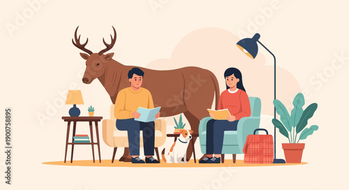 Two people and a dog reading books indoors with a large elk behind them
