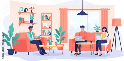 Three people working on laptops in a modern, comfortable living room