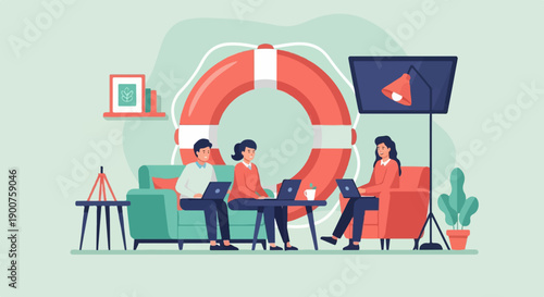 Three people working on laptops near a life preserver and screen