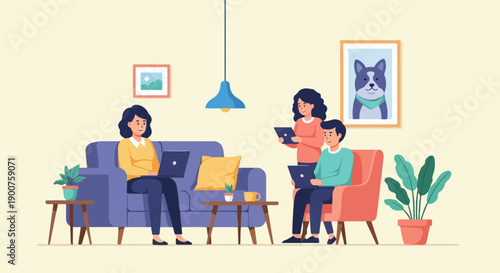 Three people working remotely in a living room, some on laptops