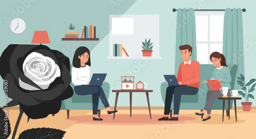 Three people working remotely on laptops in a cozy living room setting