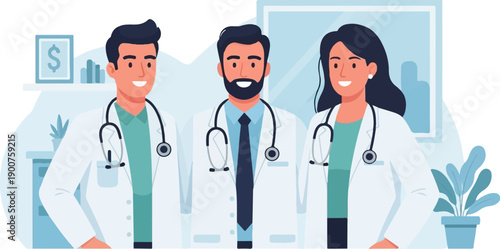 Three smiling medical professionals in white coats with stethoscopes