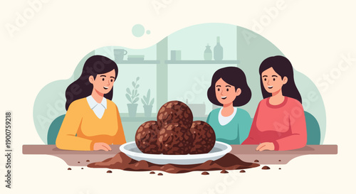 Three smiling women sitting around a table with a bowl of chocolate truffles