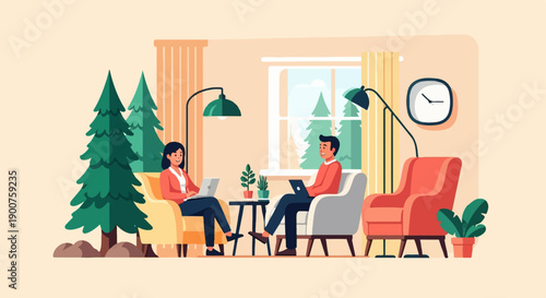 Two people work remotely in a cozy living room with trees visible outside