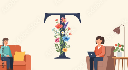 Two people work remotely near a floral letter T
