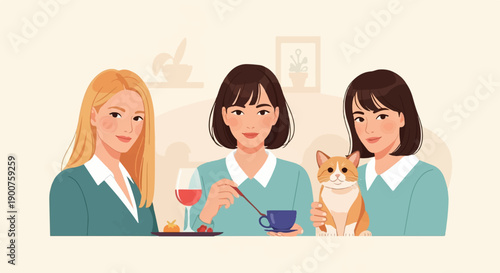 Three women, a cat, and refreshments at a table