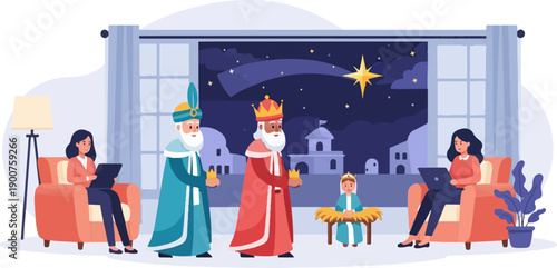 Three wise men present gifts to a child in a manger, indoor setting