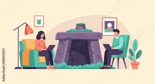 Two people work remotely in a cozy, modern living room with stone structure