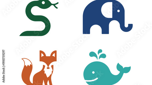A colorful illustration of four animal logos on a white background