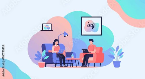 Two people working on laptops on sofas with plants and abstract shapes