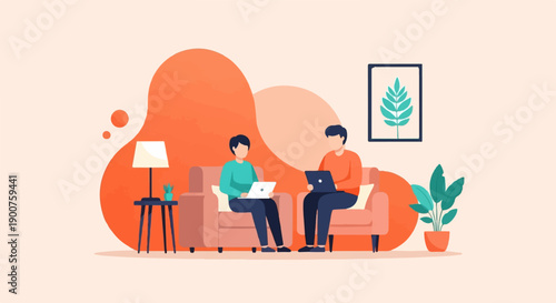 Two people sit in armchairs, each using a laptop, in a room