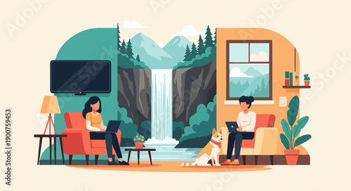 Two people with laptops and a dog in a split scene with a waterfall and mountains