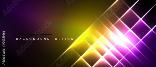 Vibrant abstract background. Gradient purple, yellow hues dominate. Bright lines intersect creating dynamic visual effect. Modern design element.