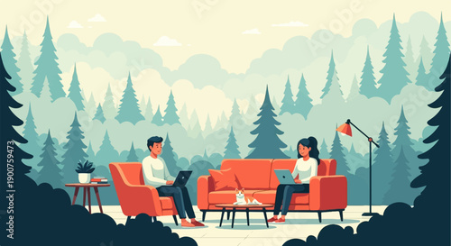 Two people work remotely on laptops in a cozy living room with a forest backdrop