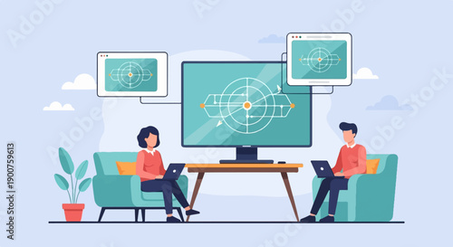 Two people work remotely on laptops in a room with screens displaying diagrams