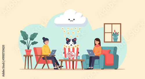 Two people working on laptops while a dog enjoys popcorn
