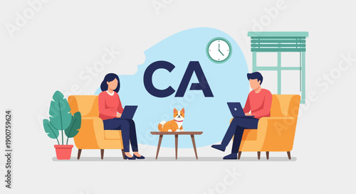 Two people with laptops and a dog in a comfortable setting, with a clock and large letters