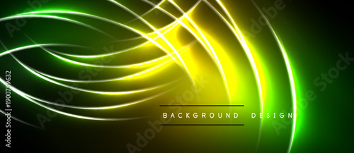 Bright neon lines create abstract curves, gradients. Dark background contrasts vibrant yellow, green hues. Modern design element.