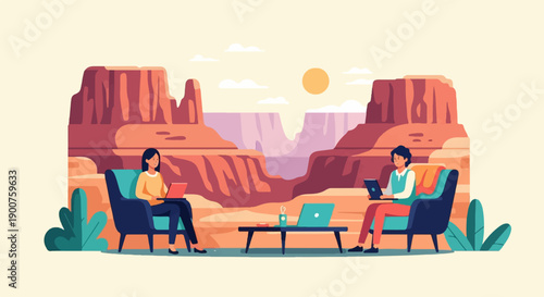 Two people work remotely on laptops in a serene desert canyon landscape