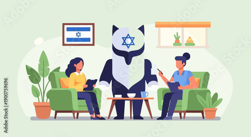 Two people sit in armchairs, a mascot between them in a room