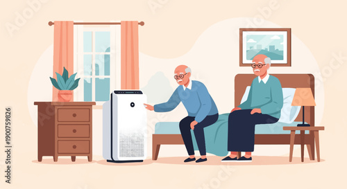 Two elderly men in a bedroom with an air purifier and bedside table