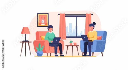 Two people working on laptops while relaxing in comfortable chairs at home
