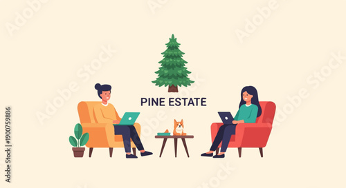 Two people with laptops, a dog, and a tree in a minimalist scene