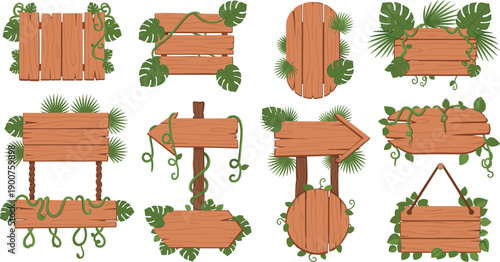Set of wooden signboards with tropical leaves and vines, blank rustic direction boards and decorative frames flat vector illustration