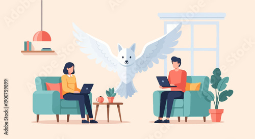 Two people work on laptops at home as a white winged creature flies
