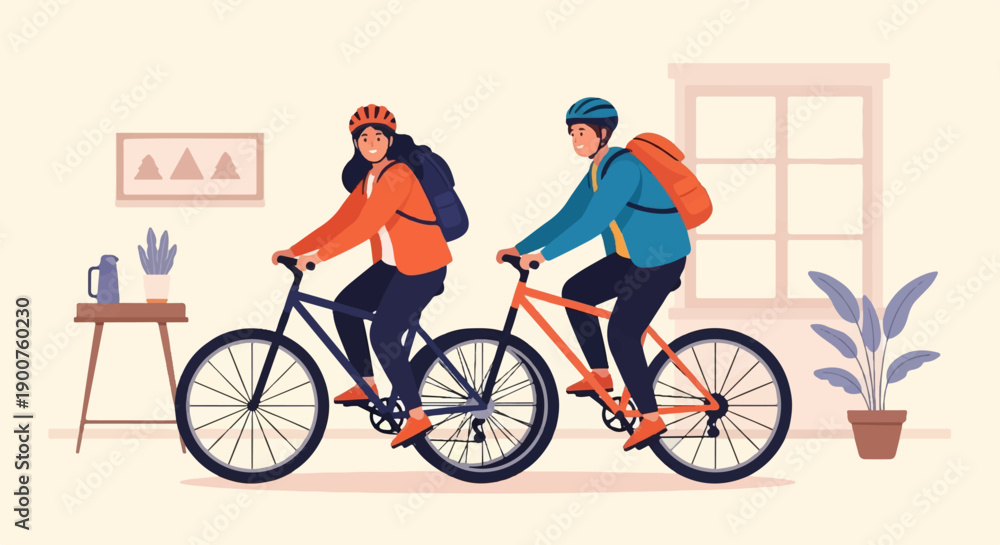 Fototapeta premium Two people with backpacks wearing helmets cycle indoors next to plants and a window