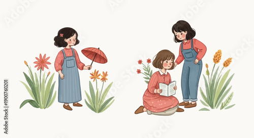Two girls in a garden, one holds an umbrella, the other reads a book